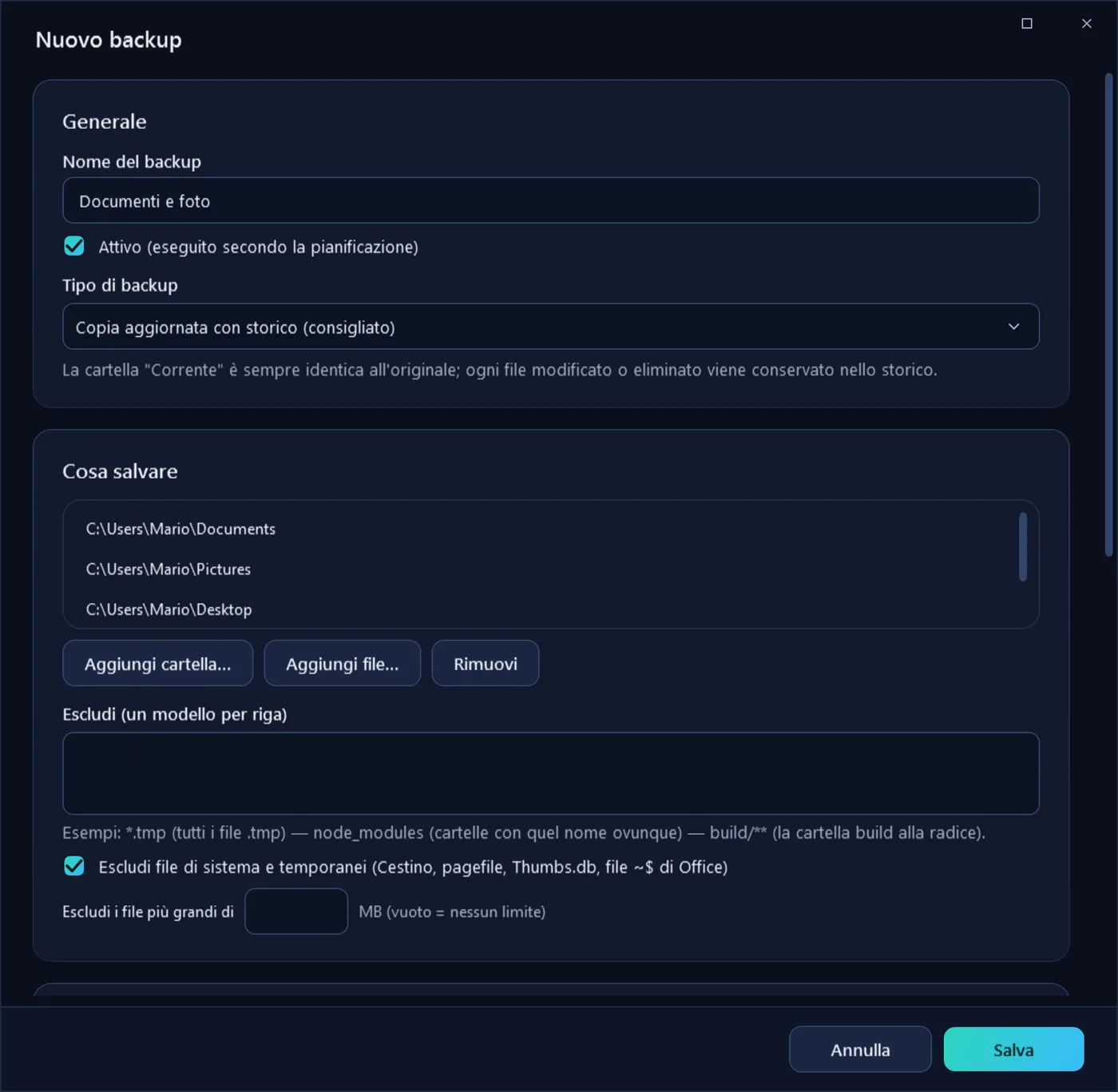 Editor di un nuovo backup in Vaultic: nome, tipo di backup e cartelle da salvare