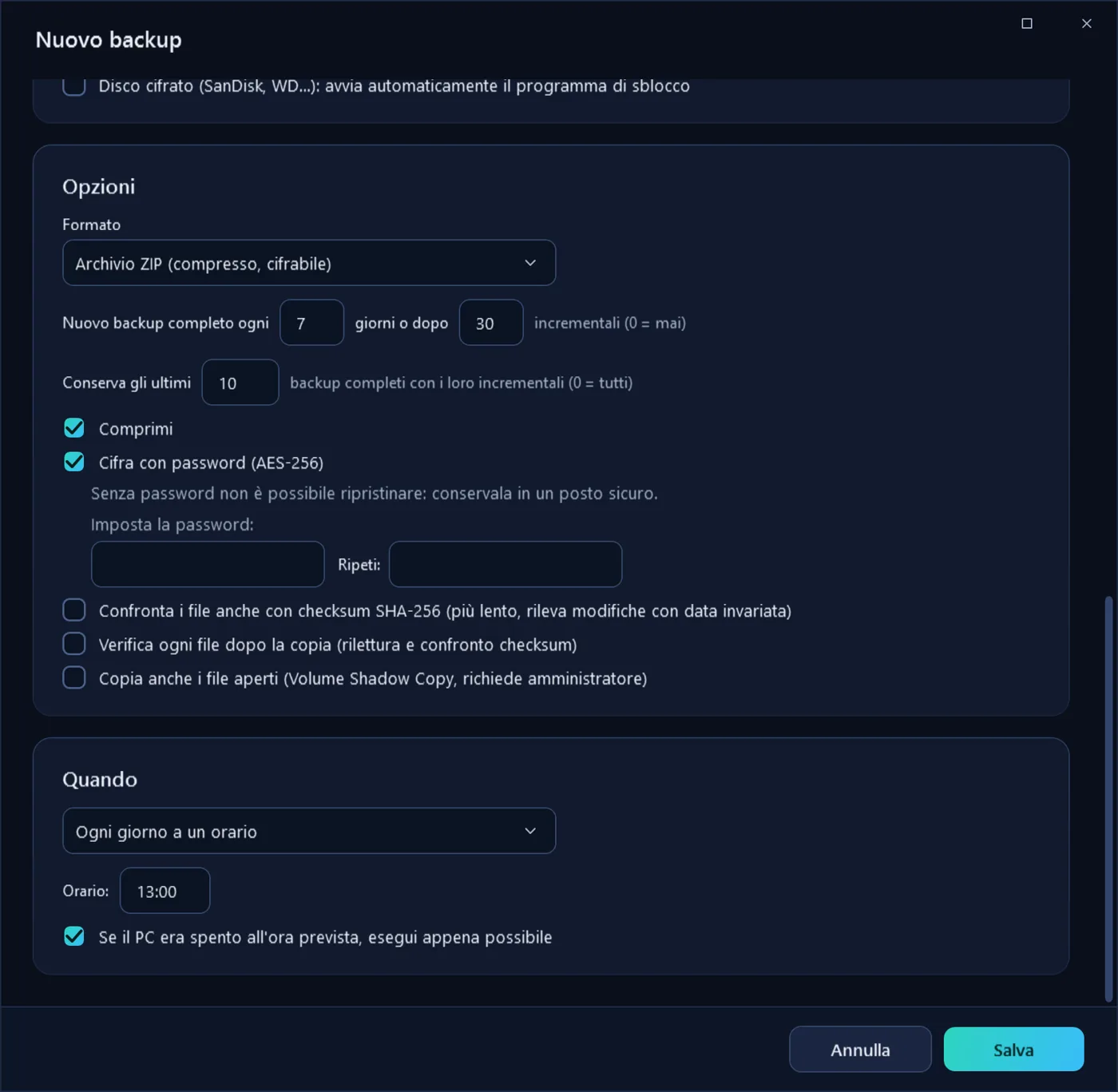 Opzioni di un backup incrementale cifrato con pianificazione giornaliera