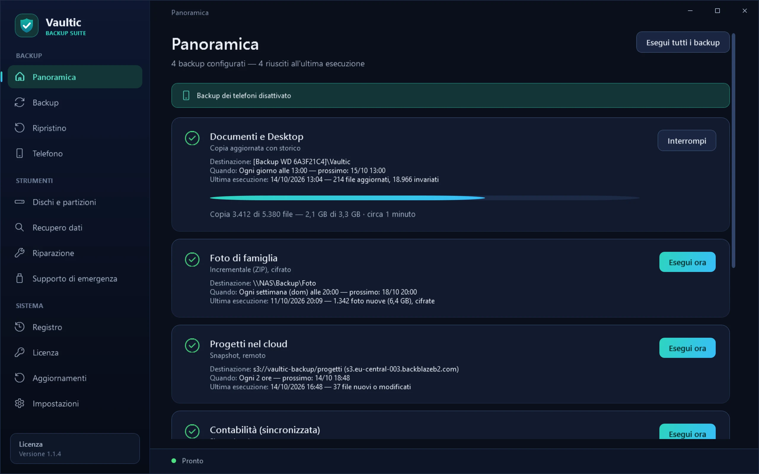 Panoramica di Vaultic con quattro backup pianificati e uno in corso