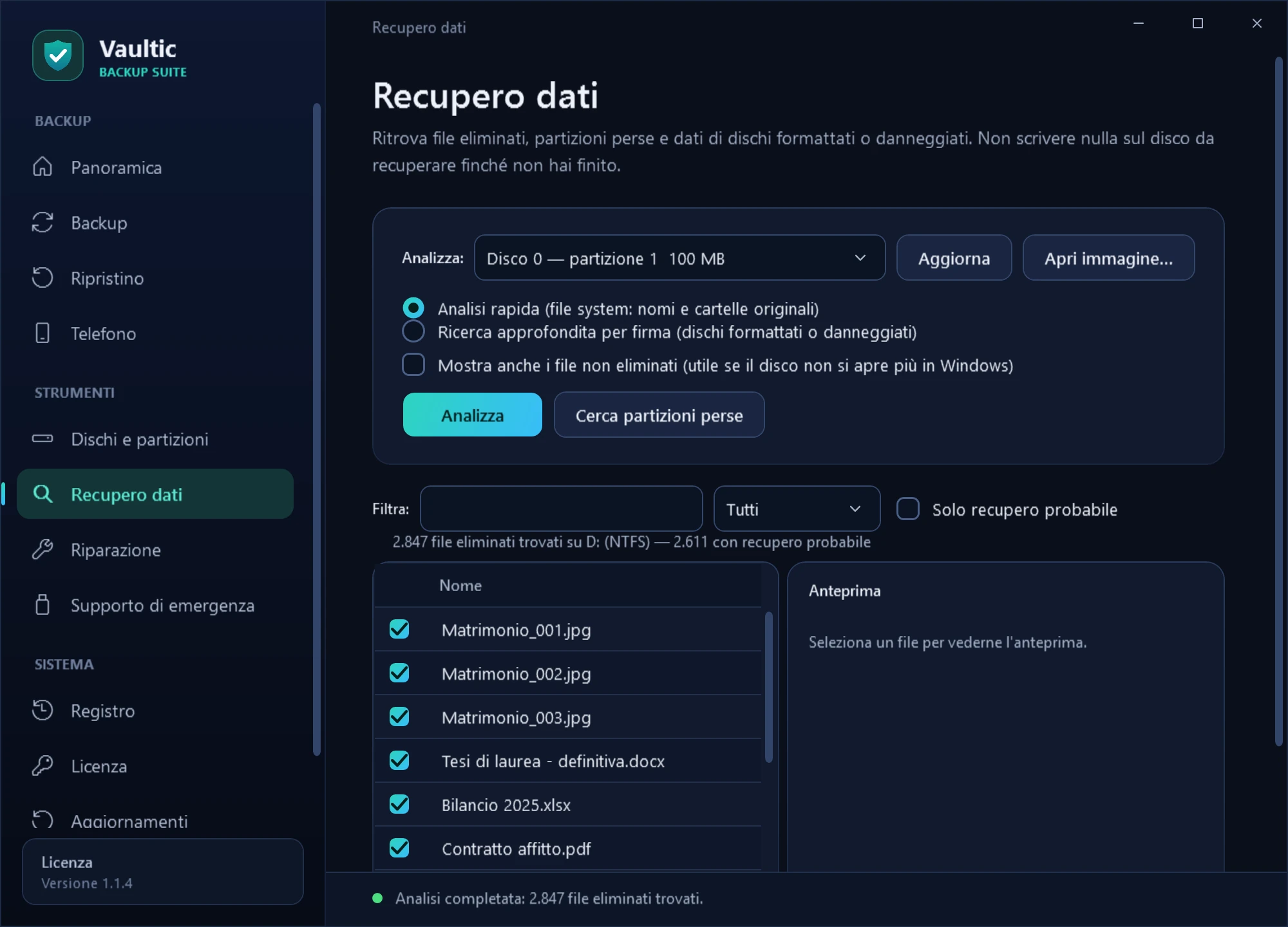 Risultati di un'analisi di recupero dati